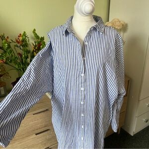 Blue & White Stripe Button Down Drop Shoulder Gauzy Airy Flowy Beach Midi Dress